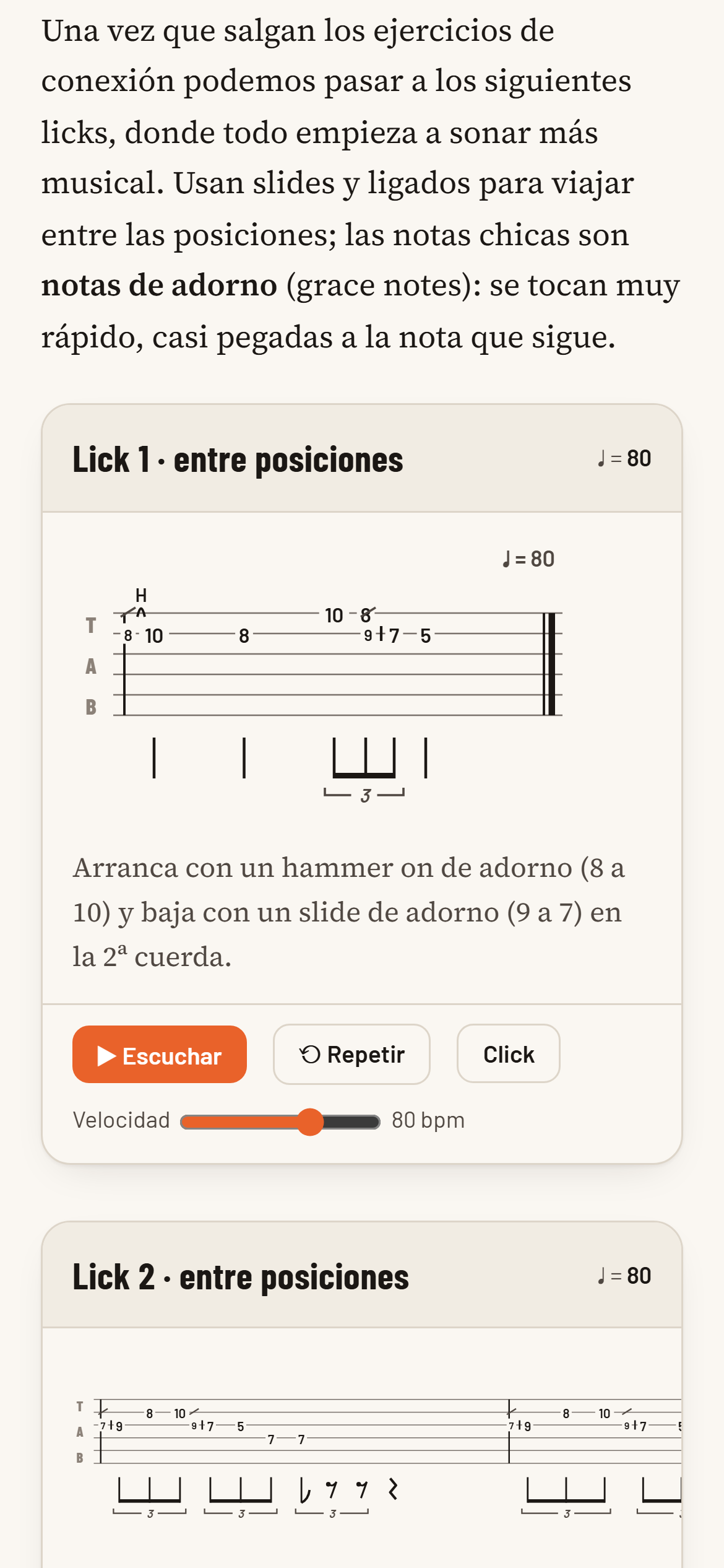 Un ejercicio del libro con su tablatura y los botones Escuchar, Repetir y Click